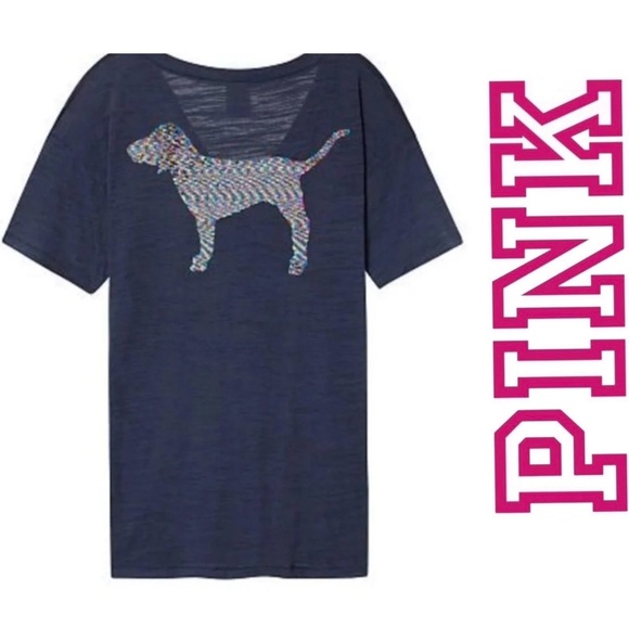 Victoria's Secret PINK | Navy Rainbow Sequin Bling Flip Tee | Size Small - Picture 2 of 14